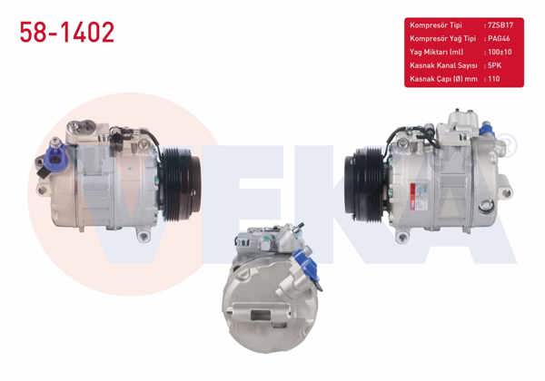 VEKA 58-1402 | Klima Kompresörü 5Pk 110mm BMW 3 Serisi (E46) 320İ-328İ-330Ci-330D 1998-2005 / 5 Serisi (E39) 520İ-525D-528İ-530D 1995-2003