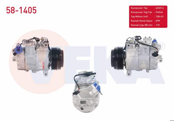 VEKA 58-1405 | Klima Kompresörü 6Pk 110mm BMW 1 Serisi (E81) 116D-118D-120D 2004-2012 / 3 Serisi (E90) 318D-320D-330D 2005-2011 / 5 Serisi (E60) 520 D 2003-2010 / X1 (E84) 2.0 D 2011 -