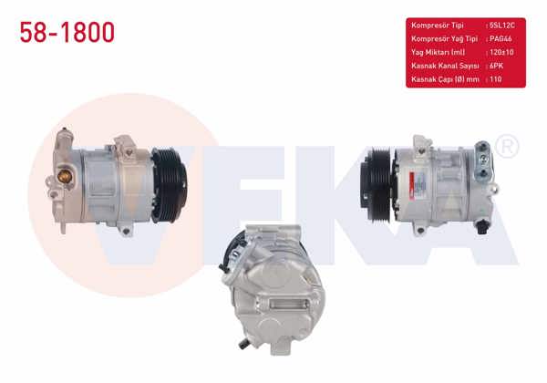 VEKA 58-1800 | Klima Kompresörü 6Pk 110mm Alfa Romeo Mıto 2013-Fiat Doblo 1.3 Mjt 2010-2015-/ Linea 1.3 Mjt 2007-/ Punto 1.3 Mjt 2012-/ Fiorino 1.3 Mtj 2007-2016-/ Opel Combo D 1.3 CDTI 2012-2016 -