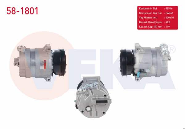 VEKA 58-1801 | Klima Kompresörü 4Pk 119mm Fiat Brava 1.6 16V 1995-2002 / Bravo 1.6 16V 1995-2004 / Marea 1.6İ 16V 1996-2007