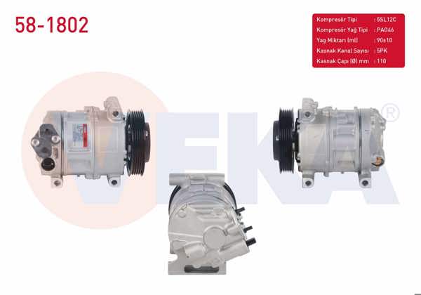 VEKA 58-1802 | Klima Kompresörü 5Pk 110mm Alfa Romeo Mıto 1.4 2012-/ Fiat Doblo 1.4 2010-/ Fiorino 1.4 2007-/ Fiat Linea 1.4 2007-/ Punto 1.4 2012-/ Opel Combo 1.4 2012 -