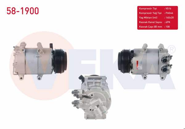 VEKA 58-1900 | Klima Kompresörü 6Pk 108mm Ford Focus III 1.6 TDCI 2010-2013 / Fiesta VI 1.5 TDCI 2008-2012 / B-Max 1.5 TDCI 2012 -