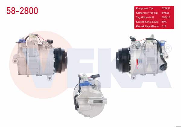 VEKA 58-2800 | Klima Kompresörü 6Pk 110mm Mercedes C Serisi (W203) C 200 CDI 2000-2006 / E Serisi (W212) E 220 CDI 2009-/ S Serisi (W220) S 600 1998-2005 / Sprinter 2006-2009 / Vito (W639) 111 CDI 2003-2014