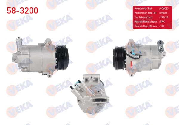 VEKA 58-3200 | Klima Kompresörü 5Pk 105mm Opel Astra G 1.6 16V 1998-2005 / Astra H 1.6 T 2004-2010 / Meriva A 1.6 2003-2010 / Zafira B 1.6 2005-2011