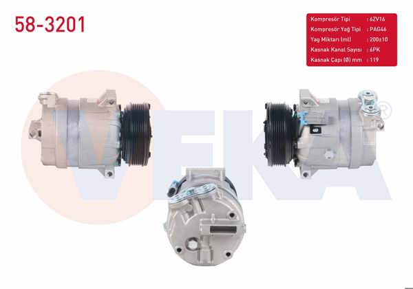 VEKA 58-3201 | Klima Kompresörü 6Pk 119mm Opel Vectra B 1.7 TD-2.0 Dı-2.0 Dtı-2.0İ 1995-2003