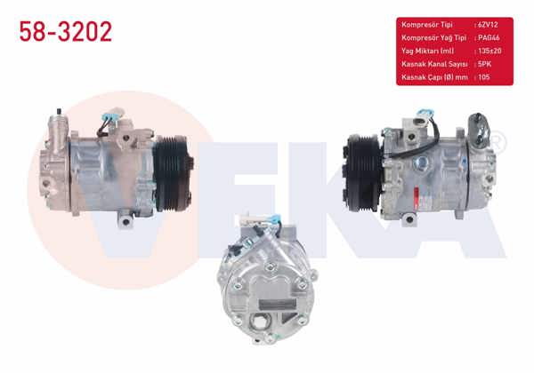 VEKA 58-3202 | Klima Kompresörü 5Pk 105mm Opel Astra G 1.6 16V (F69) (F08, F48)-1.8 16V-2.0 16V 1998-2005 / Zafira A 1.6 16V-1.8 16V (F35) (F75) 1999-2005
