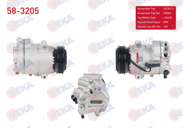 VEKA 58-3205 | Klima Kompresörü 5Pk 109mm Opel Astra J 1.4İ 2009-2016 / Insignia 1.4 T 2008-/ Meriva B 1.4 2010-/ Chevrolet Cruze 1.4 2011-2014