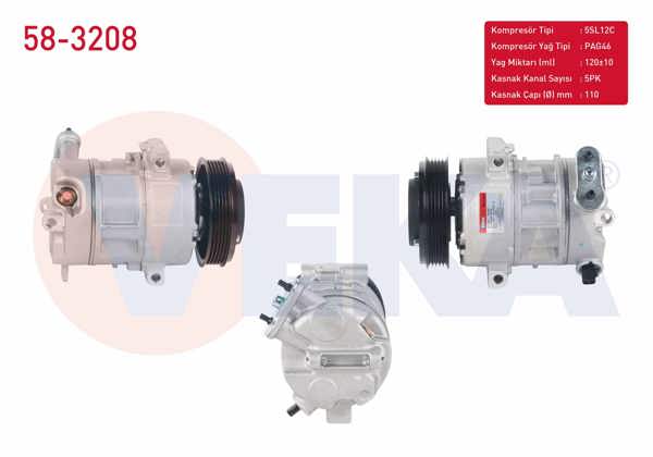 VEKA 58-3208 | Klima Kompresörü 5Pk 110mm Opel Corsa D 1.2-1.4 2006-2014 / Corsa E 1.2-1.4 2014 -