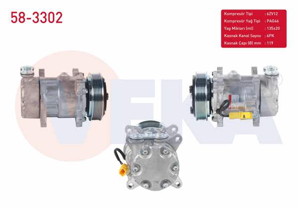 VEKA 58-3302 | Klima Kompresörü 6Pk 119mm Citroen C2 1.4 2003-2009 / C3 1.6 2002-2009 / Xsara 1.6 1997-2005 / Peugeot 206 1.4 HDI-1.6İ 16V 1998-2006 / 307 1.6 2000-2007