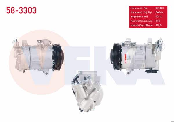 VEKA 58-3303 | Klima Kompresörü Müşürlü 6Pk 118,5mm Citroen Berlingo 1.6 HDI 2008-/ C4 1.6 HDI 2009-/ Cactus 1.6 HDI 2014-/ Ds3 1.6 HDI 2014-/ Peugeot 2008 1.6 HDI 2013-/ Partner 1.6 HDI 2008-/ Rcz 1.6 Thp 2013-2015