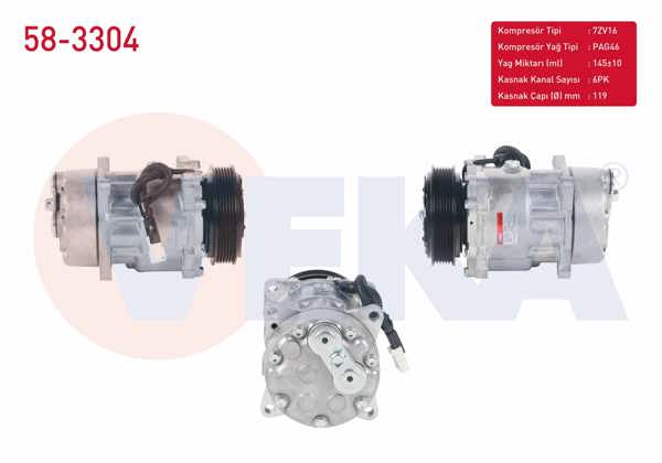 VEKA 58-3304 | Klima Kompresörü 6Pk 119mm Citroen Berlingo 1.9 D 1996-2008 / Jumper II 2.2 HDI 2002-2006 / Xsara Picasso 2.0 HDI 1999-/ Fiat Scudo 2.0 JTD 1996-2006 / Peugeot 306 1.6 1993-2002 / Expert 2.0 HDI 1996-2006