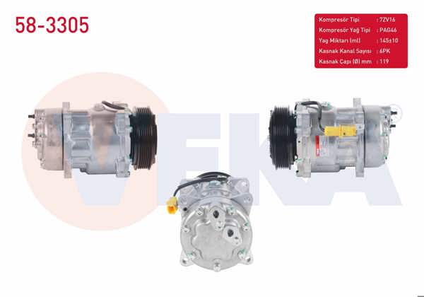 VEKA 58-3305 | Klima Kompresörü 6Pk 119mm Citroen Berlingo 1.9 D 1996-2008 / C5 I 2.0 HDI 2001-2004 / Jumpy II 1.6 HDI 2006-/ Fiat Ducato 2.2 JTD 2002-2006 / Peugeot 307 1.6 HDI 2000-2007 / Partner 1.9 D 1996-2008