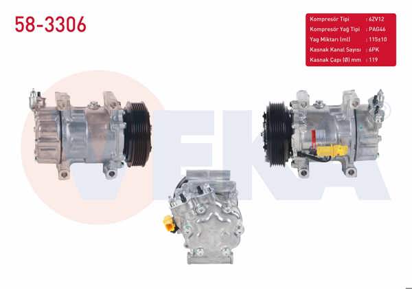 VEKA 58-3306 | Klima Kompresörü 6Pk 119mm Citroen C2 1.4 HDI 2003-2009 / C3 1.4 HDI 2002-2009 / Nemo 1.4 HDI 2007-/ Fiat Fiorino 1.4İ 2007-/ Peugeot Bipper 1.4 HDI 2008-/ 206 Gtı 1998-2006 / 307 1.6 HDI 2000-2007