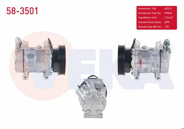 VEKA 58-3501 | Klima Kompresörü 6Pk 125mm Dacia Logan 1.4 Mpı 2004-2012 / Sandero 1.4 2008-2013 / Renault Kangoo 1.5 DCI 1998-2008 / Clio II 1.5 DCI 1998-2005 / Megane II 1.5 DCI 2002-2008 / Symbol 1.5 DCI 2008-2012