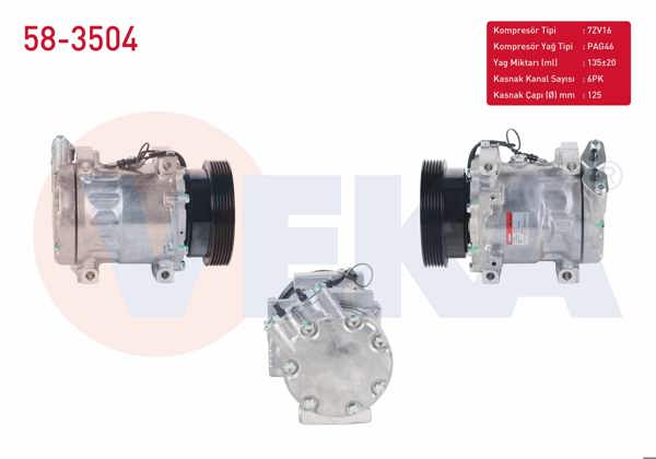 VEKA 58-3504 | Klima Kompresörü 6Pk 125mm Dacia Duster 1.5 DCI-1.6 16V 2010-/ Logan 1.5 DCI 2004-2012 / Sandero 1.5 DCI 2008-2013