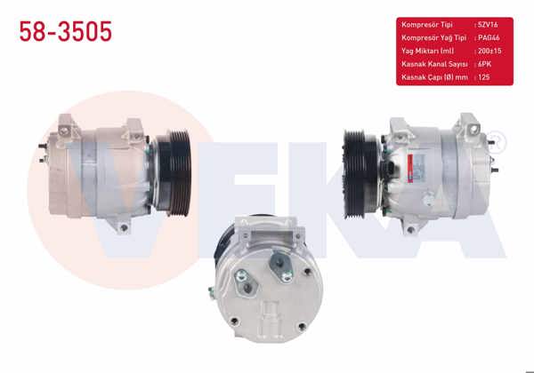 VEKA 58-3505 | Klima Kompresörü 6Pk 125mm Renault Megane I 1.4İ 16V-1.6İ 16V 1996-2003 / Scenic I 1.4İ 16V-1.6İ 16V 1999-2003