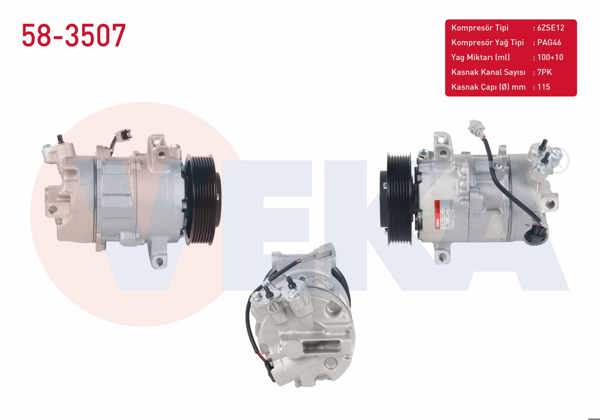 VEKA 58-3507 | Klima Kompresörü 7Pk 115mm Renault Grand Scenic III 1.4İ 16V 2009-/ Megane III 1.4 TCE 2008-2015 / Scenic III 1.4İ 16V 2009-/ Mercedes Vito (W447) 109-111 CDI 2014 -