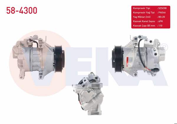 VEKA 58-4300 | Klima Kompresörü 6Pk 110mm Toyota Yaris (_Cp10) 1.0İ-1.3İ 1999-2005