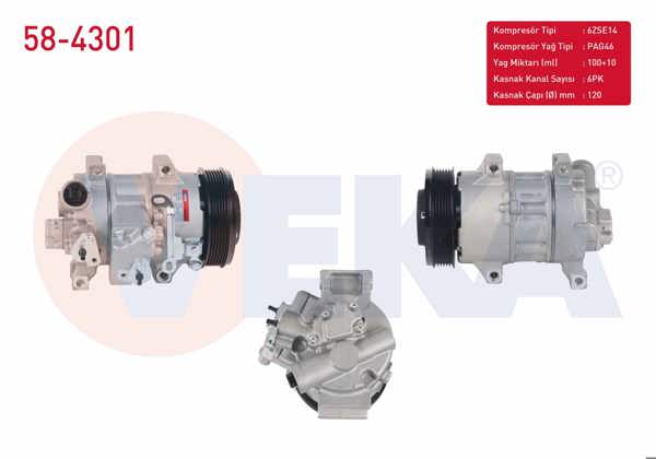 VEKA 58-4301 | Klima Kompresörü 6Pk 120mm Toyota Auris (Zre15) 1.6 Vvt-I 2007-2012 / Avensis (T27) 1.6İ 2009-/ Corolla (E15_) 1.6 Vvt-I 2007-2012 / Verso 1.6 2009 -