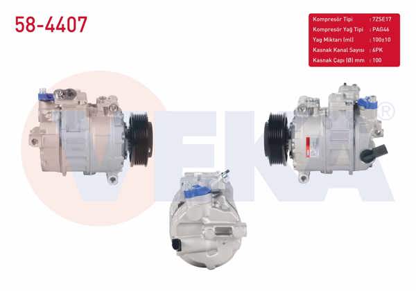VEKA 58-4407 | Klima Kompresörü 6Pk 100mm Volkswagen Amarok 2.0 TDI-2.0 Bıtdı 2010-/ Transporter V 2.0 TDI 2003-2011