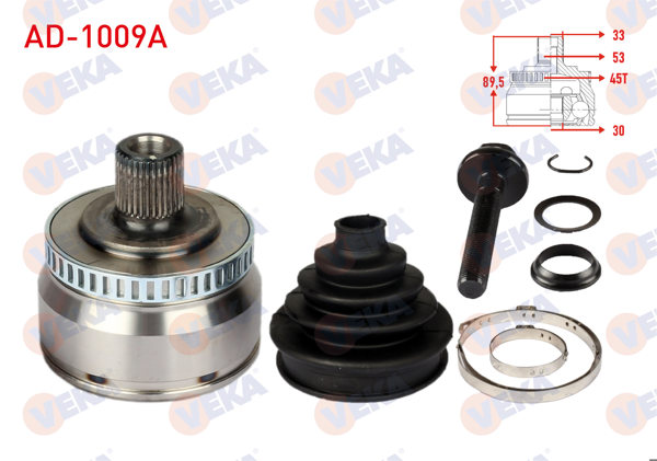 VEKA AD-1009A | Aks Kafası Sol-Sağ On Dıs Volkswagen Passat (3B2) 1.8 T ABS'li 45 Dıs 33X30x53 Uzunluk 89,5mm 1996-2000
