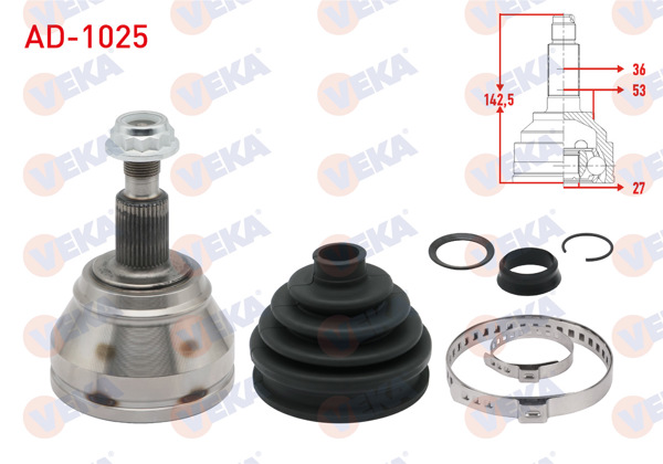 VEKA AD-1025 | Aks Kafası Sol-Sağ On Dıs Audi A3 I (8L1) 1.8 T 36X27x53 Uzunluk 142,5 mm 1996-2003