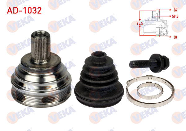 VEKA AD-1032 | Aks Kafası Sol-Sağ On Dıs 36X30x59.5mm Uzunluk 95.5mm Volkswagen Golf V (1K1) 1.6İ 2003-2009 / Passat (3C2) 1.6 FSI A-T 2005-2008 / Skoda Octavia (1Z3) 1.6 FSI A-T 2004-2012