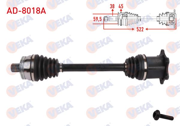 VEKA AD-8018A | Komple Aks Sol-Sağ On ABS'li 45 Dıs Uzunluk 522mm Audi A6 (8E2) 2.0 2000-2004