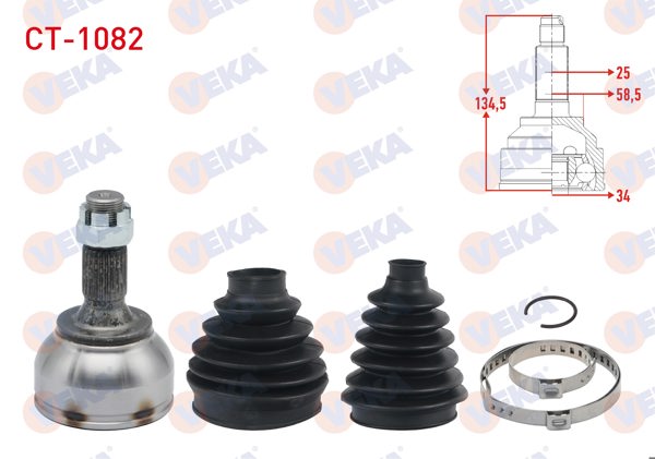 VEKA CT-1082 | Aks Kafası Sol-Sağ On Dıs (Çift Koruklu 33-22,5mm) 25X34x58,5 Uzunluk 134,5mm C3 III-Aircross 1.2 16-/ Crossland X 1.2-1.5 CDTI-1.6 CDTI 17-/ 2008 1.2 Puretech-1.6 HDI 2013-/ 208 1.6 HDI 12 -