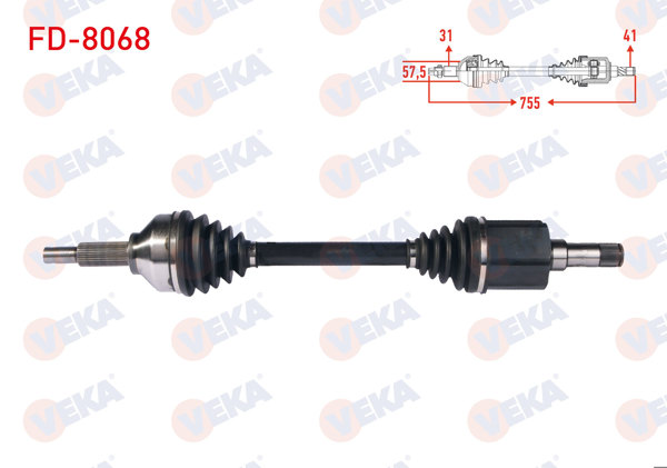 VEKA FD-8068 | Komple Aks Sol Ön Uzunluk 755mm Ford Transit Custom (V362) Uzun Sase 2.2 TDCI-2.0 TDCI 2012 -