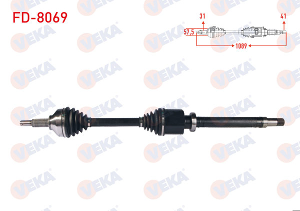 VEKA FD-8069 | Komple Aks Sağ On Uzunluk 1089mm Ford Transit Custom (V362) Uzun Sase 2.2 TDCI-2.0 TDCI 2012 -