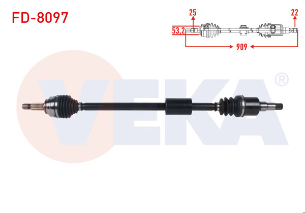 VEKA FD-8097 | Komple Aks Sağ On Uzunluk 909mm Ford Fiesta VII 1.0 Ecoboost A-T 2017 -