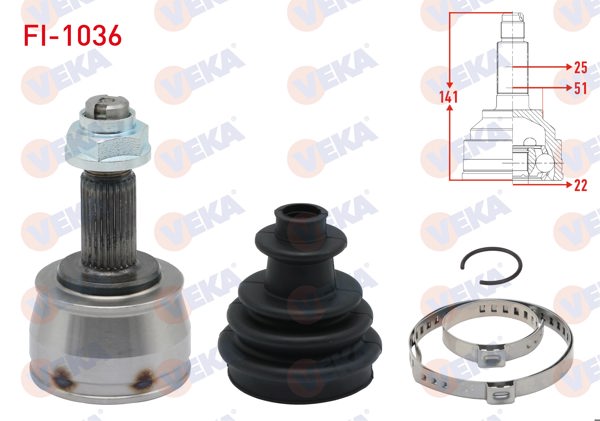 VEKA FI-1036 | Aks Kafası Sol-Sağ On Dıs 25X22x51 Uzunluk 141 mm Fiat Egea 1.4 16V 2015-/ Doblo 1.4 2010-/ Bravo II (198) 1.4İ 2006 -