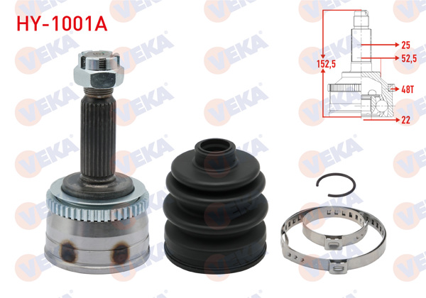 VEKA HY-1001A | Aks Kafası Sol-Sağ On Dıs Hyundai Accent Era 1.4İ 16V ABS'li 48 Dıs 25X22x52.5 Uzunluk 152,5 mm 2006-2012