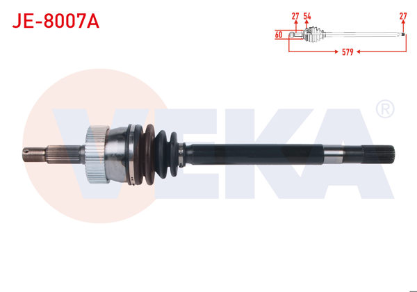 VEKA JE-8007A | Komple Aks Sol Ön ABS'li 54 Dıs Uzunluk 579mm Jeep Cherokee (Xj) 2.5 TD-4.0İ 84-01 / Grand Cherokee I (Zj) 4.0-5.2 91-99 / Wrangler I (Yj,Sj) 2.5-4.0 86-96 / Wrangler II (Tj) 2.5-4.0 96-08