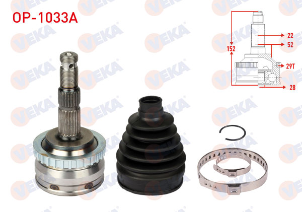 VEKA OP-1033A | Aks Kafası Sol-Sağ On Dıs Opel Corsa C 1.0 ABS'li 29 Dıs 22X28x52 Uzunluk 151,7 mm 2000-2006