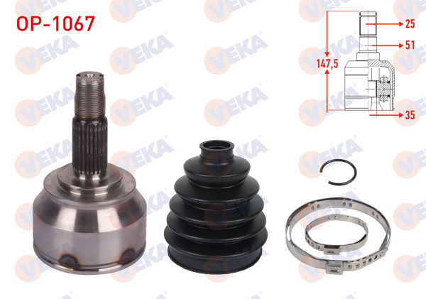 VEKA OP-1067 | Aks Kafası Sol-Sağ On Dıs 25X35x51 Uzunluk 147,5mm Opel Corsa D (S07) 1.6 T 2006-2014 / Corsa E (X15) 1.6 T 2015 -