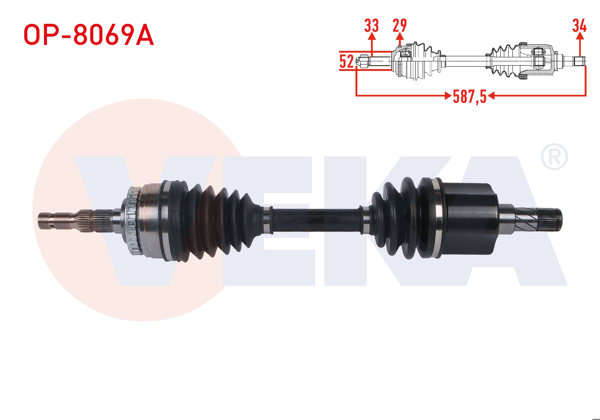 VEKA OP-8069A | Komple Aks Sol Ön ABS'li 29 Dıs Uzunluk 587,5mm Opel Corsa C 1.7 CDTI M-T 2000-2006 / Combo C 1.7 CDTI M-T 2001-2006