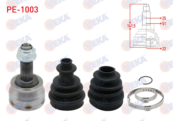 VEKA PE-1003 | Aks Kafası Sol-Sağ On Dıs 25X22x51 Uzunluk 141,5 mm 2 Koruklu Peugeot Bipper 1.4 HDI 2008-/ Citroen Nemo 1.4 HDI 2007 -