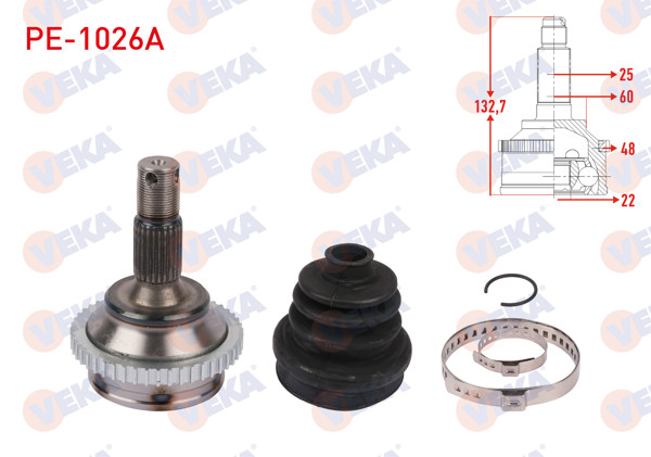 VEKA PE-1026A | Aks Kafası Sol-Sağ On Dıs ABS'li 48 Dıs Uzunluk 132,7mm Peugeot 206 (2A / C) 1.6İ 16V 1998-2006