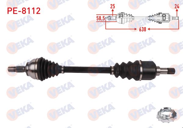 VEKA PE-8112 | Komple Aks Sol Ön Uzunluk 638mm Peugeot 2008 1.2 Thp-1.5 HDI-1.6 HDI 2015-/ Citroen C3 III 1.2 Thp-1.5 HDI 2016-/ C4 1.2 Thp 2015-2017 / C4 Cactus 1.6 HDI 2014 -