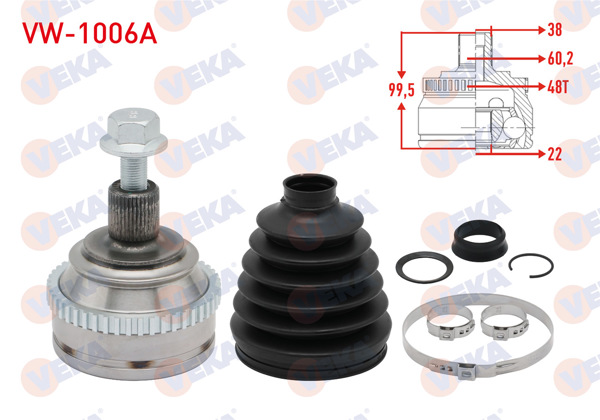 VEKA VW-1006A | Aks Kafası Sol-Sağ On Dıs Volkswagen Transporter IV (70Xb,70Xc,7Db,7Dw) 2.4 D ABS'li 48 Dıs 38X27x60,2 Uzunluk 99,5mm 1990-2003
