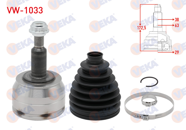 VEKA VW-1033 | Aks Kafası Sol-Sağ On Dıs Volkswagen Transporter V (7Ha,7Hh,7Ea,7Eh) 2.5 TDI 38X29x63 Uzunluk 172,5 mm 2003-2011