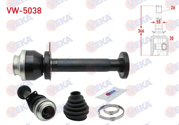 VEKA VW-5038 | Aks Kafası Sağ On Ic Volkswagen Transporter V (7Ha,7Hh,7Ea,7Eh) 2.5 TDI 26X30x50 Uzunluk 366mm 2003-2011