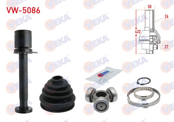 VEKA VW-5086 | Aks Kafası Sağ On Ic 26X27x50 Uzunluk 432mm Volkswagen Transporter V 1.9 TDI-2.0 TDI-2.0 Bıtdı 2003-2011