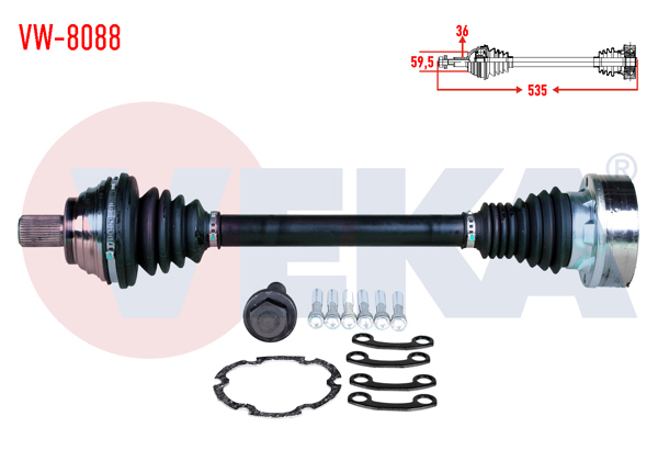 VEKA VW-8088 | Komple Aks Sol Ön Uzunluk 535mm VW Golf V (1K1) 1.4 TSI A-T / M-T 03-09 / Golf VI (5K1) 1.4 TSI A-T / M-T 08-13 / Jetta III (1K2) 1.4 TSI A-T / M-T 03-09 / Passat (362) 1.4 TSI A-T / M-T 08-12