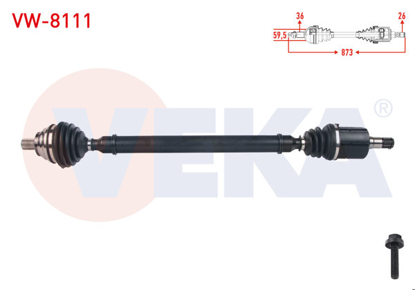 VEKA VW-8111 | Komple Aks Sağ On Uzunluk 873mm Volkswagen Golf (1K1) 1.6 FSI A-T 2003-2009 / Passat (3C2) 1.6 FSI A-T 2005-2008 / Skoda Octavia (1Z3) 1.6 FSI A-T 2004-2012
