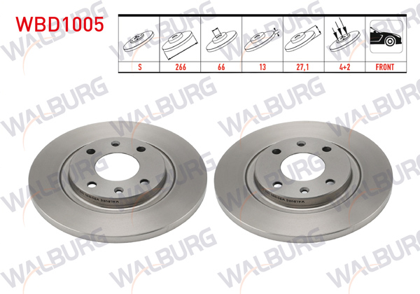 WALBURG WBD1005 | Fren Diski Ön Düz 4 Bjn 266X13x66x27,1 Citroen C2 (Jm) 1.4-1.4 HDI 2003-2009 / C3 (Fc) 1.4 VTI-1.4 HDI 2002-2009 | 2 Adet