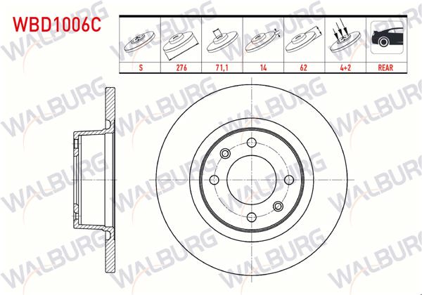 WALBURG WBD1006C | Fren Diski Arka Düz Kaplamalı 4 Bjn 276X14x71,1X62 Citroen C5 I (Dc) 2.0-2.0 HDI 2001-2004 / C5 II (Rc) 1.6 HDI-2.0 HDI-1.6 Thp 2004-2008 / | 2 Adet