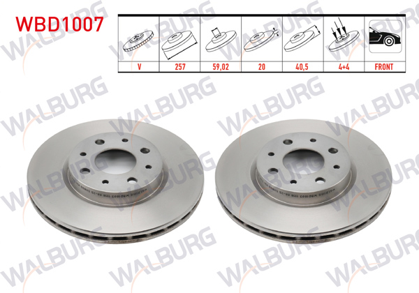 WALBURG WBD1007 | Fren Diski Ön Havalı 4 Bjn 257X20x59,02X40,5 Fiat Albea 1.3 Mjt-1.6 2003-2007 / Linea 1.3 Mjt-1.6 Mjt 2007-/ Doblo 1.6 2001-2010 / Punto 1.3 Mjt 2012-/ Alfa Romeo 145 1.4 1994-2001 / 146 1.6 1994-2001 / | 2 Adet